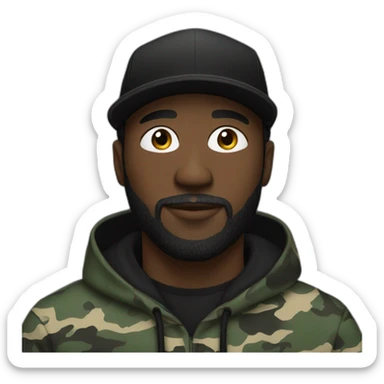black man with a beard,camo hat, black hoodie sticker