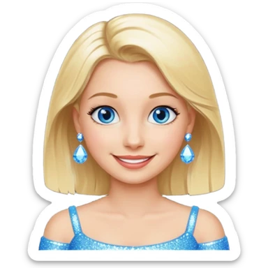 make this real, blond, below shoulder, blue eyes, 50s, sparkle in the eyes, fun, smile, no earings, relaxed style sticker