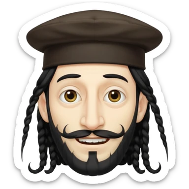 Jewish white man emoji with long dread black hair on the sides and jewish judaism hat, long big nose and crooked teeth sticker
