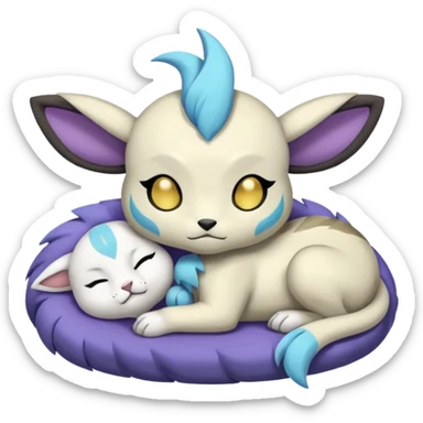 Animalistic kawaii chibi sleepy happy glad somber mongral Meloetta-Absol-Zekrom-Gatomon-Pteromon-hybrid with closed eyes snoring sticker