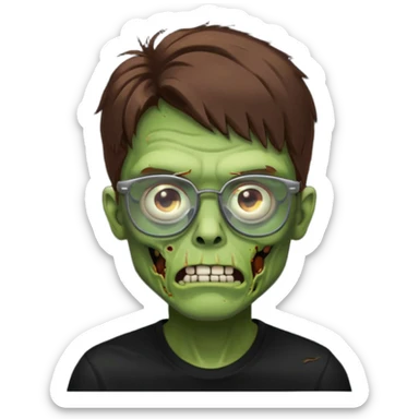 Green zombie, brown hair, black glasses, black shirt. iOS style. sticker