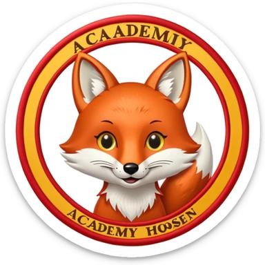 Cute cartoon fox face inside a round badge, smiling with big eyes, with a red background and golden border. Below the fox, a rectangular nameplate with the text "ACADEMY HOSEIN" in bold yellow letters. Embroidered patch style.
 sticker