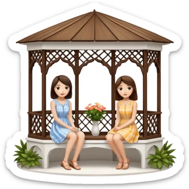 Two brunette women sitting inside a large white gazebo sticker