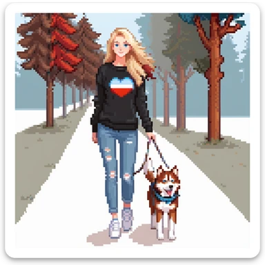 Cute Blonde woman wearing a black sweater and jeans and white sneakers walking a happy red-brown blue-eyed Siberian husky in New York City on an upper east side city sidewalk  sticker