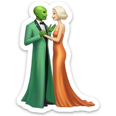 alien reptilian green skin woman,long slim pastel orange formal party satin dress with gradient shiny sparkling dark red, and caucasian man in black dres on his knees asks her to marry her sticker
