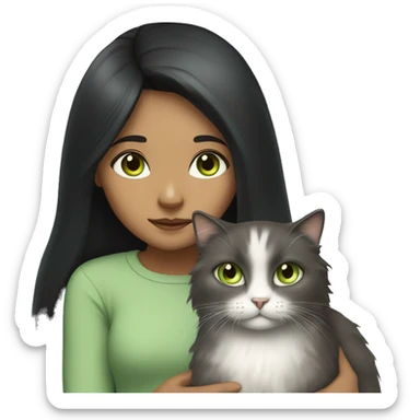 girl with long black hair and light brown eyes holding fluffy grey cat with light green eyes sticker