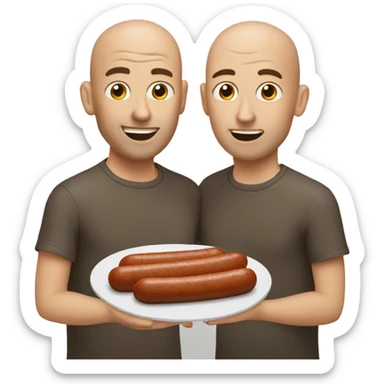 Two man eating one sausage one bald one brown hair sticker