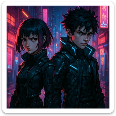 Maretu and Xydrick in a cyberpunk setting, neon lights, futuristic outfits, intense expressions sticker
