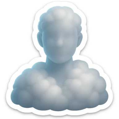 person made entirely of white clouds, shoulder up, front view, matte glass style sticker