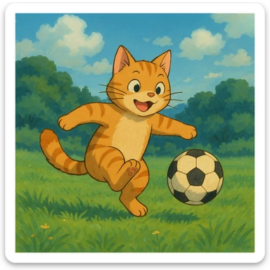 cat playing soccer, ghibli inspired style sticker