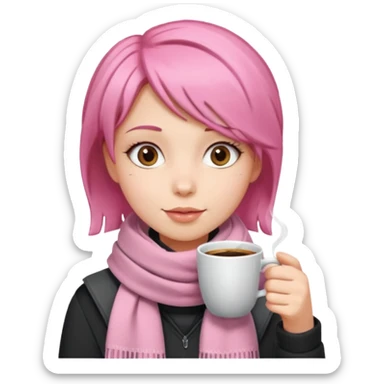 a girl with pink short layer hair, having scarf,  drink coffee, enjoy sticker