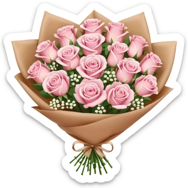 A brown paper-wrapped bouquet of pink and white fresh roses and baby’s breath sticker