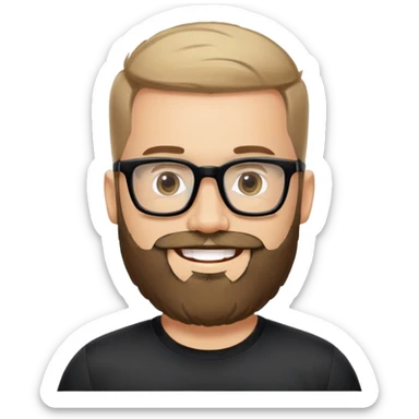 Light-skinned man with full beard, short hair brushed upward, big black glasses frames, happy smile, black sports shirt sticker