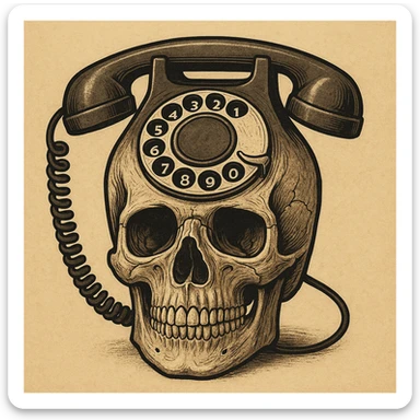a skull with a classic rotary telephone as part of its design sticker