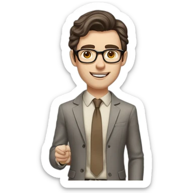 Pale skinned fit man with dark brown hair in gray jacket, beige office shirt, brown tie, brown pants and vintage glasses Writing on the flipchart sticker