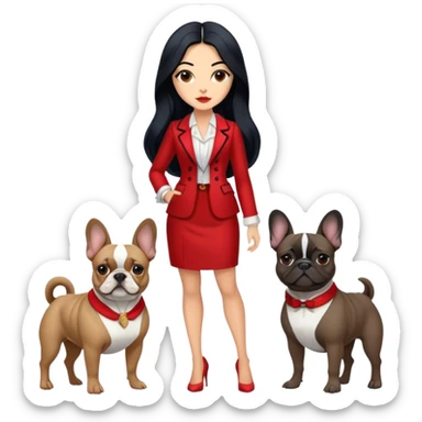latin woman in fancy clothes with long black hair standing alongside two French bulldogs  sticker