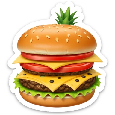 Generar hamburguesa con una sola carne, de pan color café con semillas hemp encima del pan, con carne, tomate, lechuga, queso, piña dentro de ella sticker