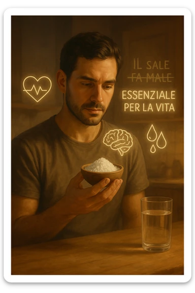 A realistic, cinematic illustration of a man in his early 30s holding a small bowl of unrefined sea salt in his hand, looking at it with awareness and respect. Around him, glowing minimalistic symbols of a beating heart, a brain, and hydrated cells appear, indicating the essential role of sodium in hydration, nerve conduction, and overall cellular health. In the background, faint text or floating words show the false myths: ‘Il sale fa male’, crossed out gently, while the phrase ‘Essenziale per la vita’ glows softly. The setting is a warm, softly lit kitchen with a glass of water nearby, emphasizing balance. The color palette is warm, natural, and calming, emphasizing that salt, when used consciously, is vital for human health, against common misconceptions demonizing it. sticker