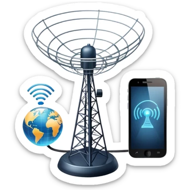 An icon featuring a satellite dish, a cell tower emitting signals, and a smartphone displaying a chat interface. The design includes fiber-optic cables and data waves, symbolizing global communication, connectivity, and information exchange. Transparent background. sticker