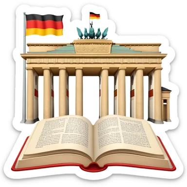 An icon featuring the Brandenburg Gate and the big flag of Germany, symbolizing the German language. The design includes an open book with German text representing language learning and German culture. Transparent background highlights the essence of German heritage. sticker