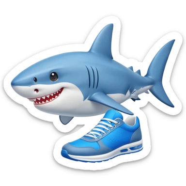 A smiling shark wearing bright blue sneakers sticker