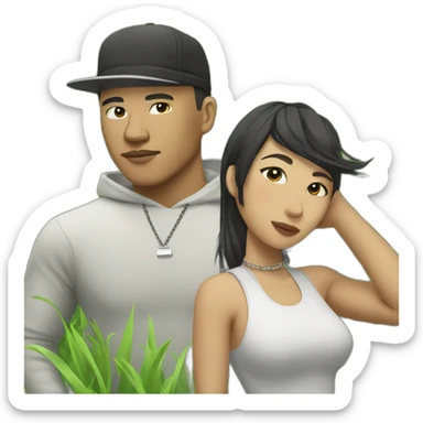 asian male rapper and a female songwriter in a huge grassland sticker