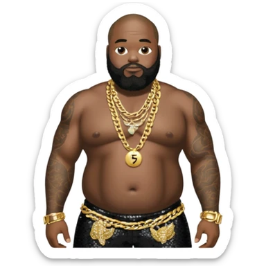 Rick Ross with black sequin baggy pants, shirtless with necklace sticker