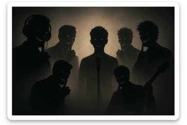 Siluetas y figuras de personas que trabajan en la industria musical, en las sombras, vistas desde lejos, con sonrisas burlonas y aire de superioridad, haciendo una señal con el dedo para pedir que otros hagan silencio o de estar guardando un secreto sticker