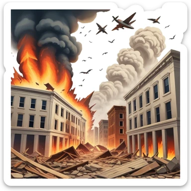 A vintage movie poster-style design with a dramatic scene of a natural disaster like an earthquake, tornado. Include crumbling buildings, flying debris and fiery explosions. The background should be chaotic, with a cinematic, apocalyptic vibe. Transparent background. sticker