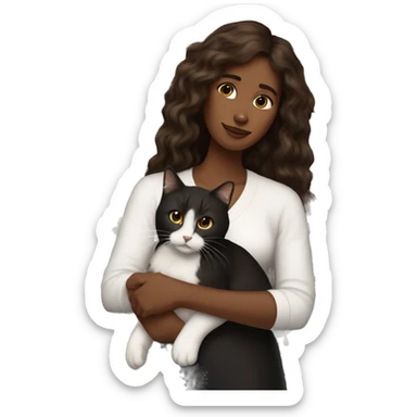 long wavy haired brown skin woman holding black and white cat sticker