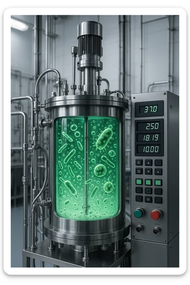 a big biofermentor with transparent section showing bubbling liquid and microbes inside, modern equipment sticker