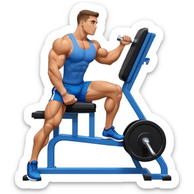 side-view bodybuilder in blue shorts seated weighted calf-raise machine on his tip toes sticker