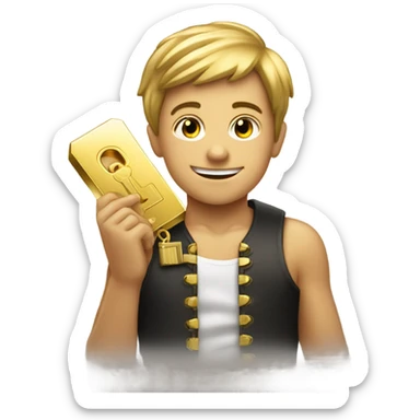 Smirking boy with lock in one hand and gold bar in the other sticker