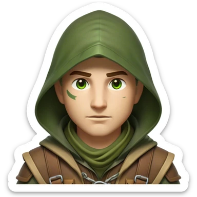 Clash of Clans aesthetic friendly Ranger Portrait Emoji, With a lean, agile build clad in earth-toned leather and green accents, a keen, focused gaze and a weathered hood shadowing determined eyes, his face rendered in a natural skin tone (not yellow), Simplified yet sharply defined features, highly detailed, glowing with a soft, natural woodland radiance, high shine, intelligent and resolute, stylized with an air of forest guardian authority, focused and alert, soft glowing outline, capturing the essence of a confident ranger ready to defend the wild with stealth and valor! sticker