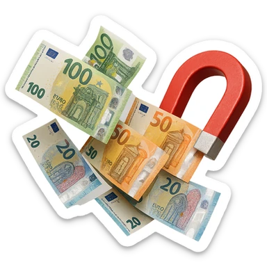 banconote di euro fluttuano vicino ad una calamita rossa, sono attratte, iperrealistico 4k sticker