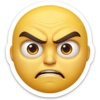 “A high-quality 3D angry emoji, intense facial expression, furrowed eyebrows, narrowed eyes, clenched mouth, vibrant yellow glossy texture, dramatic studio lighting, realistic reflections, smooth rounded shape, ultra-detailed Pixar-style 3D render, isolated on white background, 4K resolution” sticker