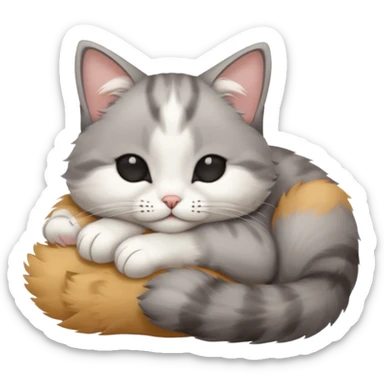 grey and white small cat with eyes closed lying down upside down with its head resting on its paw sticker