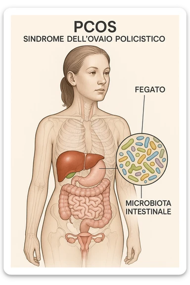 donna con supporto fegato e microbiota in 3D immagine medica donna pcos in italiano  sticker