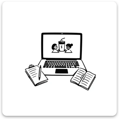 top view of a MacBook with a beauty salon logo on the screen, a notebook with one page filled with notes, and a pen laying on the notebook sticker