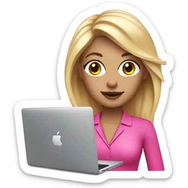 a blonde designer woman in pink clothes and with a pink macbook sticker