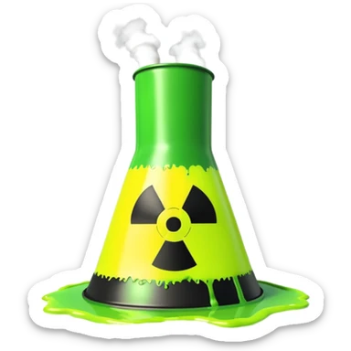 3D render of Nuclear Smokestack, toxic waste aesthetic, neon green bubbling liquid, caution yellow metal, industrial warning texture. sticker