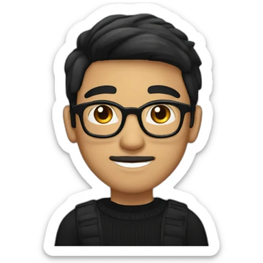 a light skin Pakistani teenager, wearing round glasses, short moustache, black straight hair, black jumper/sweater, structured manly face sticker