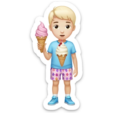 Young boy wearing ice cream shorts saying 67 sticker