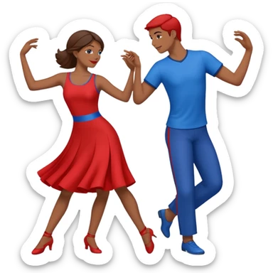 two people dancing together, one wearing red and one wearing blue sticker