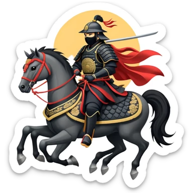 clash-of-clans-aesthetic_-cinematic-fearsome-and-majestic-samurai-bust-portrait-emoji, rendered in a flat, vector-style with minimal shading and bold, simplified shapes typical of emoji art, depicting a battle-hardened samurai with black mask and traditional black Japanese armor. The samurai is riding a noble grey warhorse adorned with an intricately designed saddle and fluttering banners and a rising sun. a samurai riding on a  horse sticker