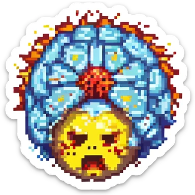 shocked emoji with an exploding brain, pixel art style sticker