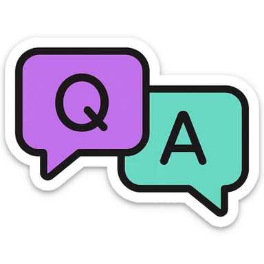 two chat bubbles, purple Q and teal A, rounded corners, minimal design sticker