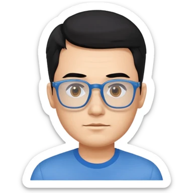 portrait of US man, wearing a blue shirt, square glasses, black hair sticker