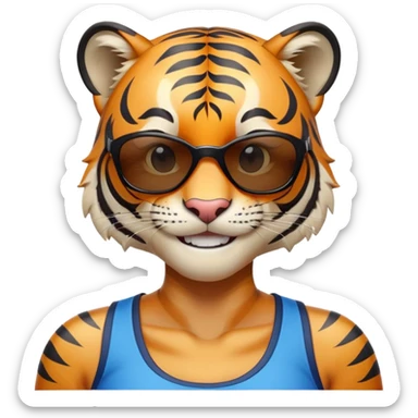female energetic anthropomorphised tiger in sports clothes, wearing dark sunglasses, head and shoulders only, smiling sticker