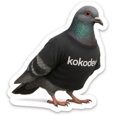 a realistic pigeon wearing a t-shirt with 'kokodev' written on it, high detail, natural pose, photorealistic, detailed feathers and fabric sticker